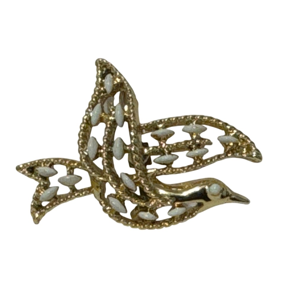 Gerry's Vintage Bird Gold White Enamel Openwork Textured Pin Dove Mid-Century
